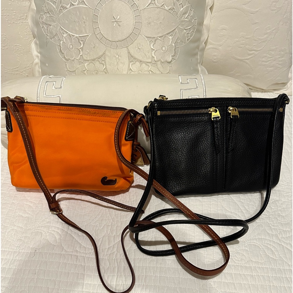 Orange Dooney and Burke plus Black leather Fossil crossbody bag
